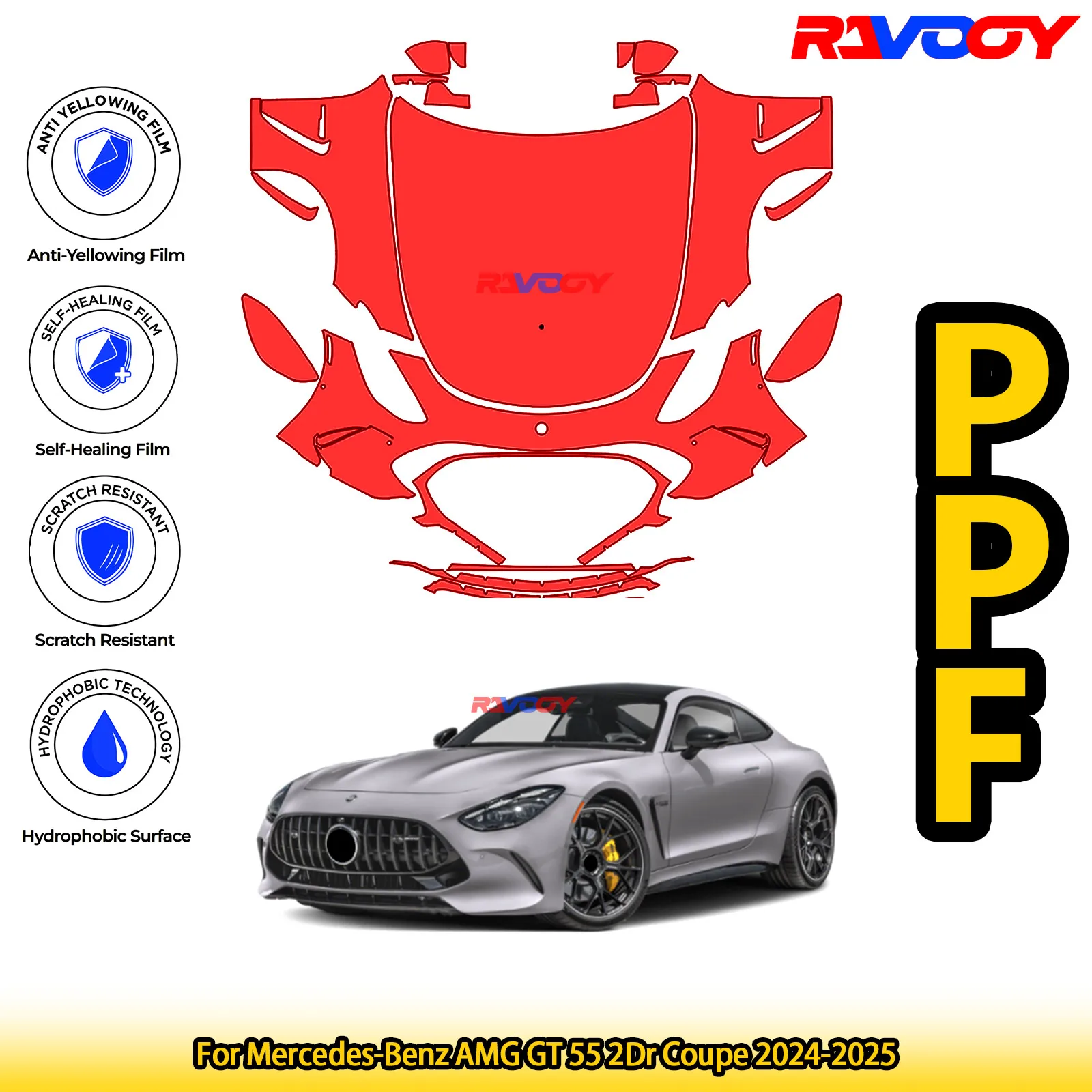 

Для Mercedes-Benz AMG GT 55 2Dr Coupe 2024-2025, глянцевая матовая черная предварительно вырезанная передняя пленка PPF, защитная пленка для краски