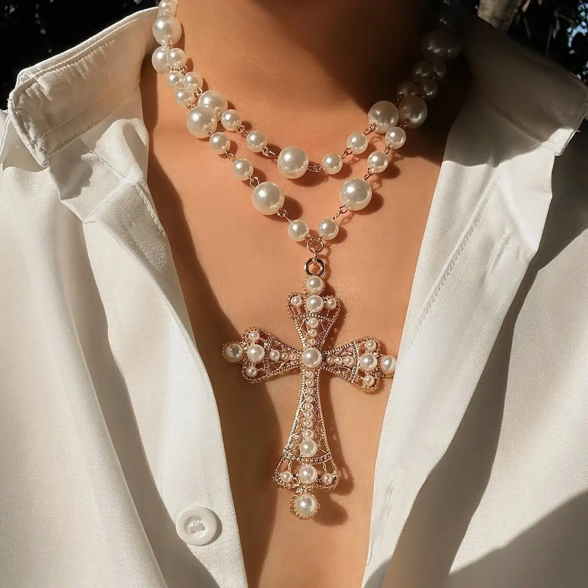 Lacteo Exaggerated Punk Gold Color Jesus Cross Pendant Necklace Creative Bohemia Imitation Pearl Choker Neck Accessories Jewelry