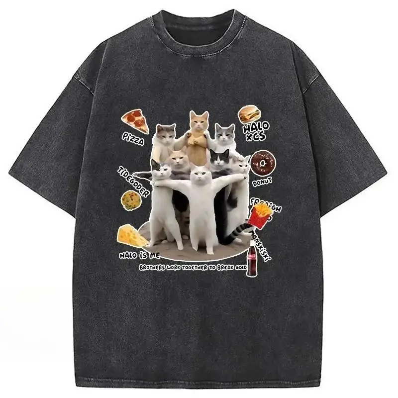 

Funny Cat Graphic T Shirt Women Men Oversized Washed Vintage Cute Kitty Food Print Tee Casual Streetwear Hip Hop Loose Tops