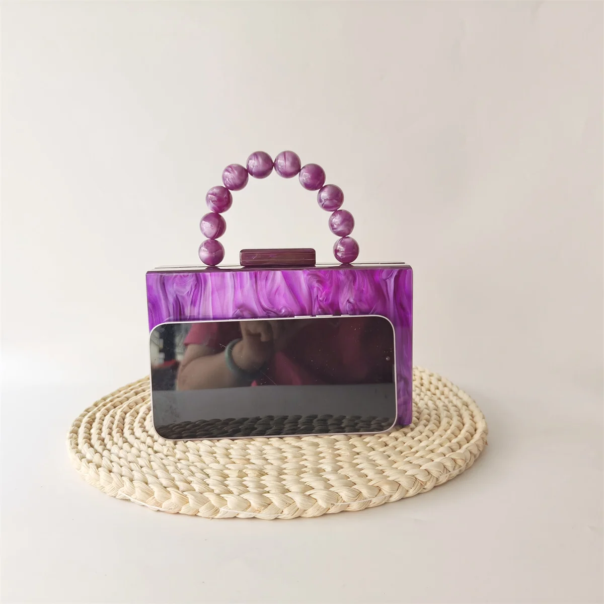 Purple Beaded Handle On Top Acrylic Box Clutches Shoulder Bag Women\'s New Female Cross Body Bags Phone Evening Mini Party Bags