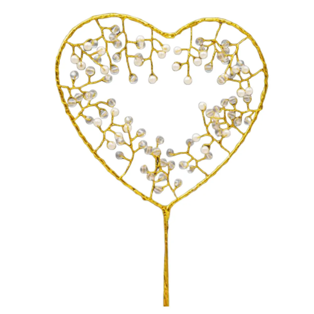 Wooden Heart Shaped Cake Topper with Pearl Love Crystal Decorative Plug for Engagement Wedding Valentine's Day Party Dessert