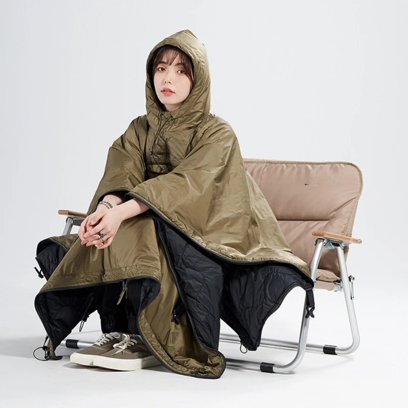 Camping Wearable Hooded Blanket Poncho Sleep Bag, Outdoor Stadium Blanket Warm Travel Quilts Watertight Hooded Poncho