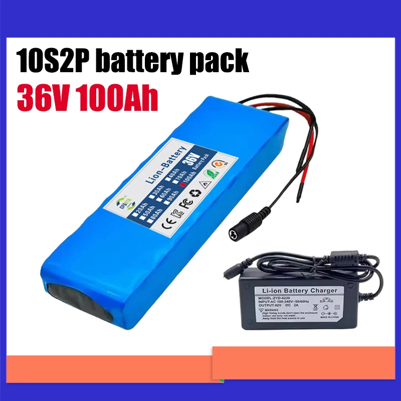 10S2P battery pack 36V 100Ah with BMS 18650 lithium-ion battery, equipped with 42V 2A charger, multiple plug options