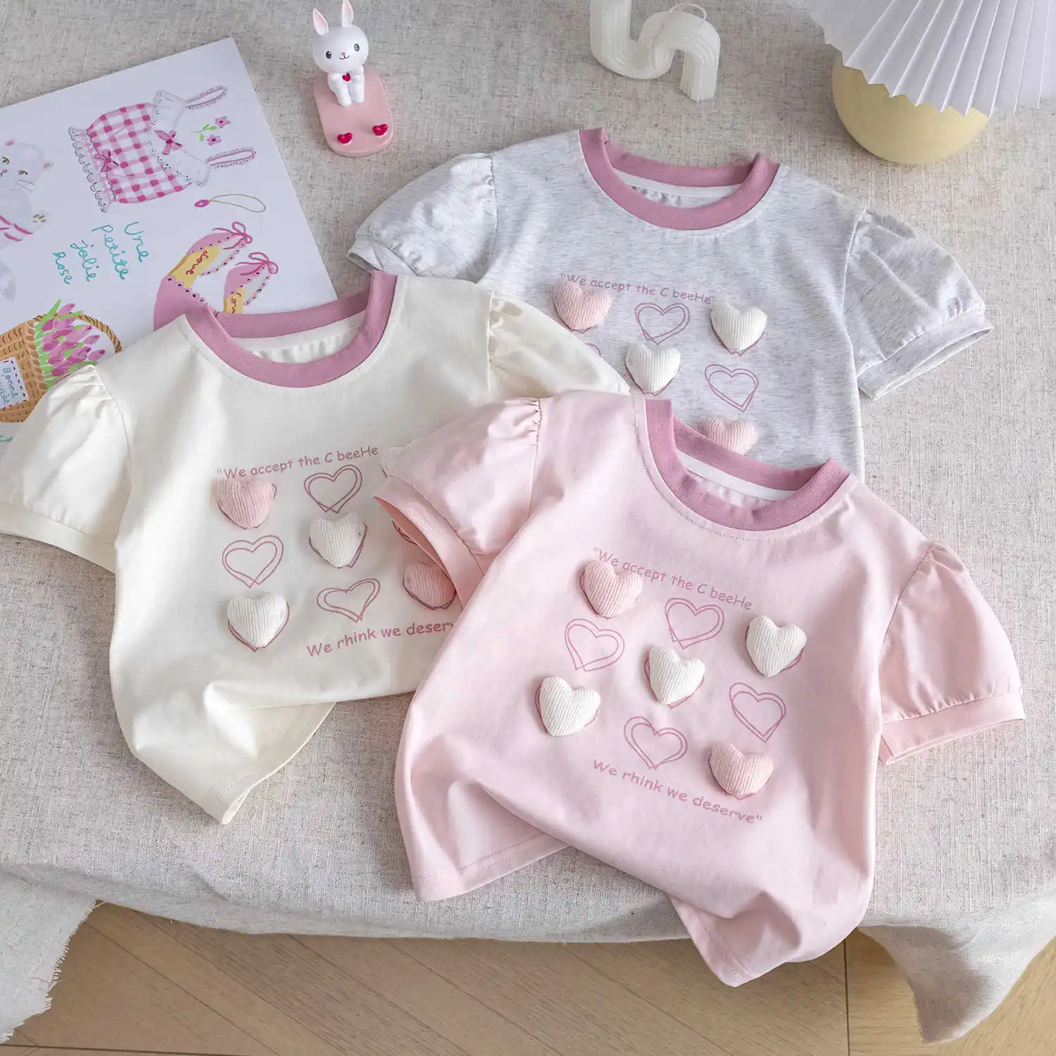 

3D Heart Short Sleeve T-shirt for Girls Sweet Printed Bubble Sleeve Top Summer New Kids O-neck Loose Cotton Base Shirt