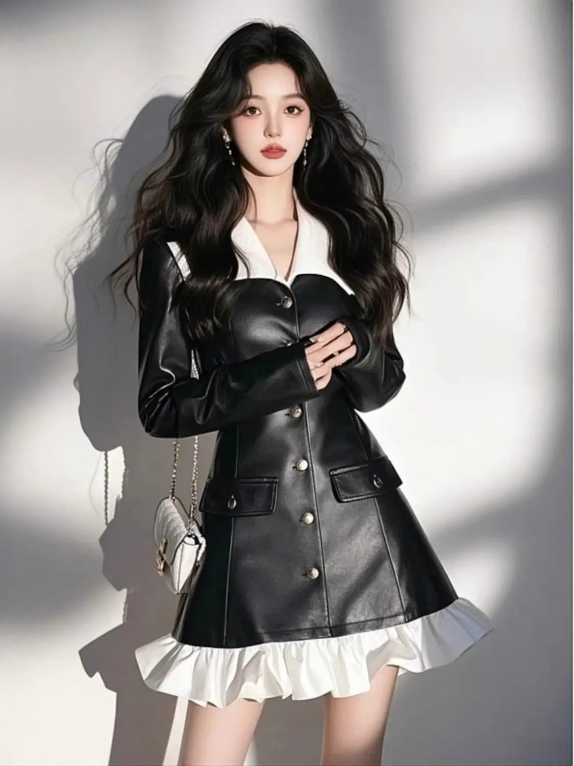

2025 Spring Design Patchwork Ruffled High Street Fashion Dress Women Pu Leather Long-sleeved Polo Collar Luxury Female Dress