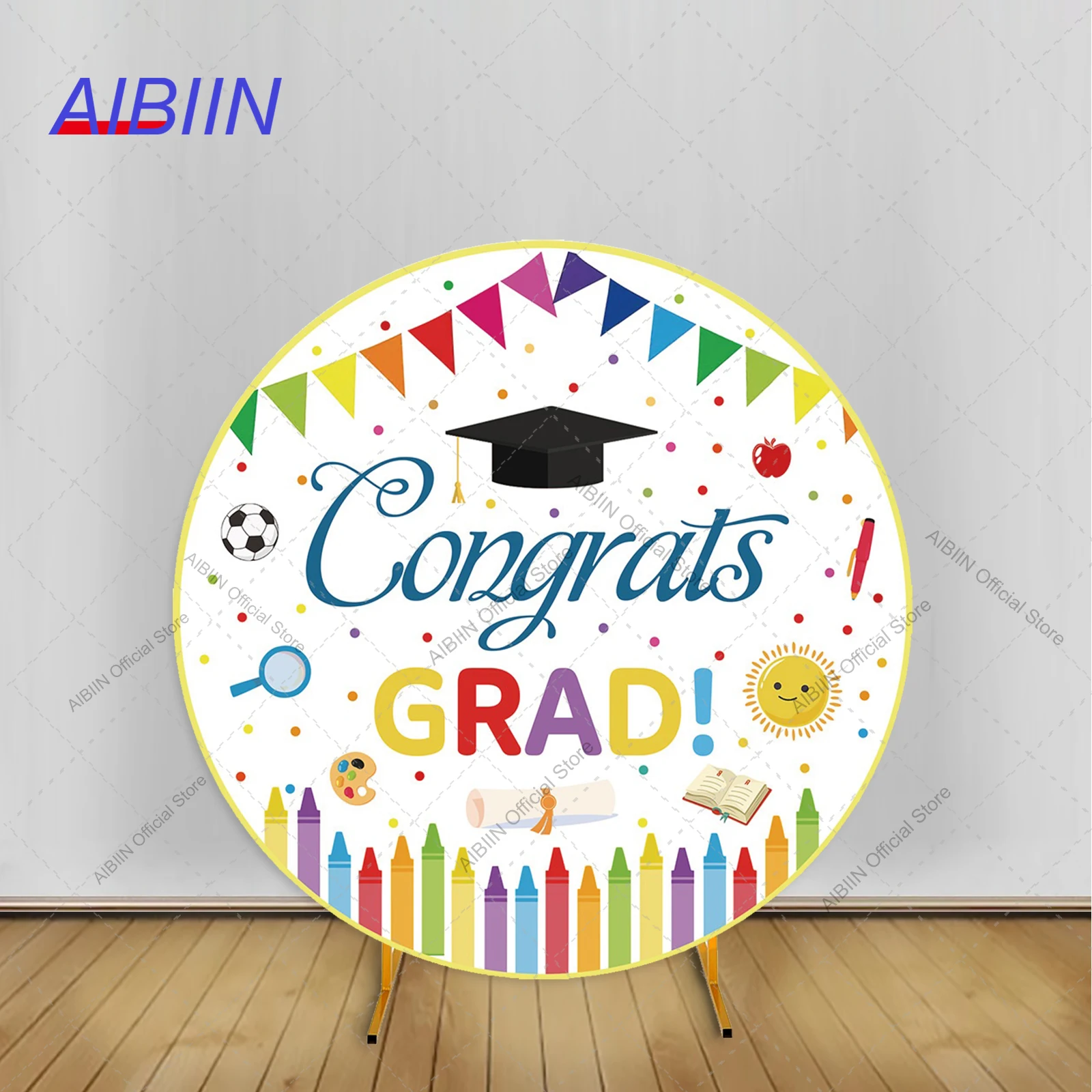 Fondo Redondo de Graduación para Preescolar con Diseño de Dibujos Animados, Lápiz Colorido, Birrete de Graduación, Diploma, Decoración para Fiesta de Jardín de Infancia