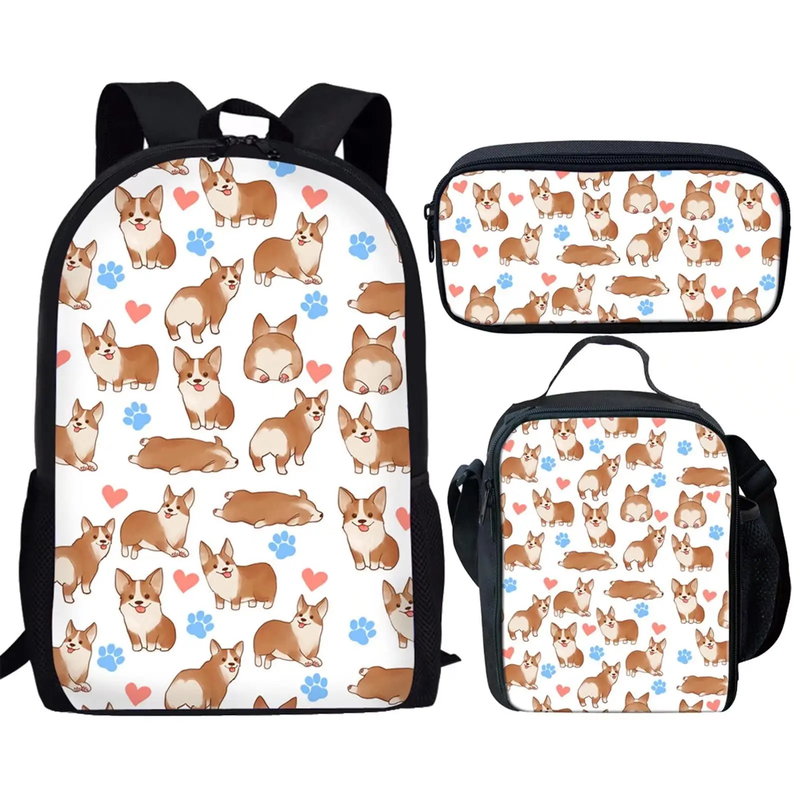 Corgi gambar anjing 3 buah, Set tas sekolah remaja perempuan laki-laki, ransel kasual, tas buku pelajar dengan tas makan siang dan pensil