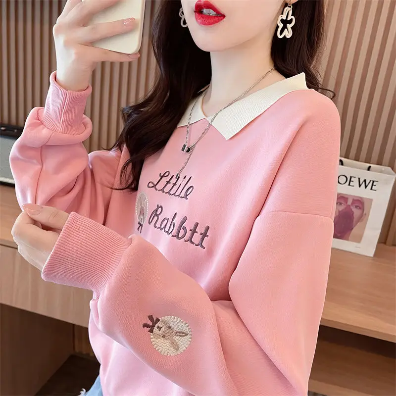 Women's Spring Autumn Pulloverturn-down Collar Letter Cartoon Embroidered Lantern Long Sleeve Hoodies Office Lady Fashion Tops