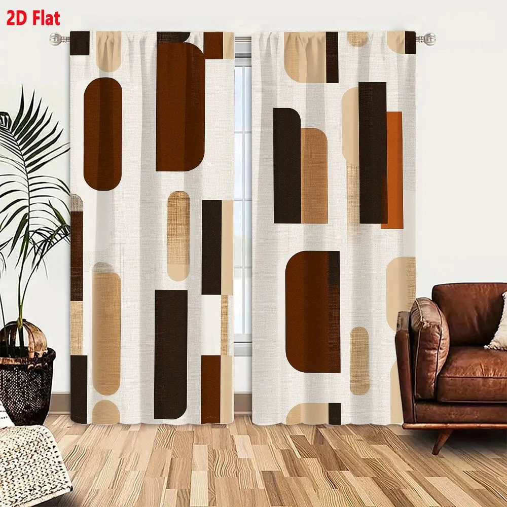 2Pcs Curtains 2D Flat Modern Abstract Geometric Pattern With Rounded Rectangles And Vertical Bars In Warm Earthy Tones On Textur