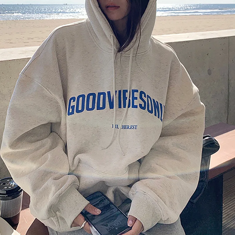 Letter Print Hoodies Women Vintage Winter Autumn Loose Hooded Shirt Grunge Street Sweatshirt Y2k Clothes Warm Oversize Pullovers