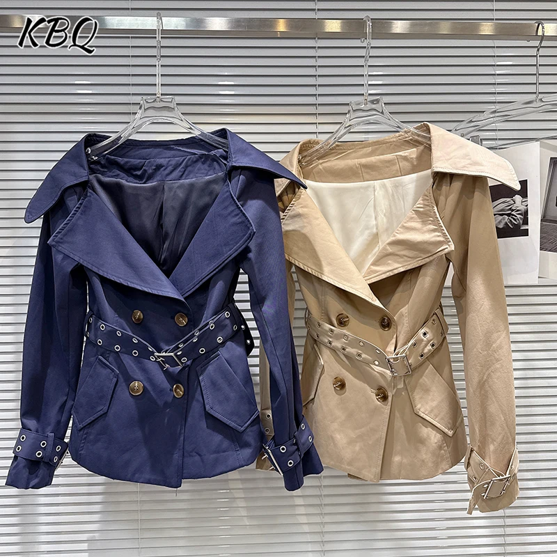 

KBQ Elegant Solid Spliced Belts Tunic Trench Coats for Women Lapel Long Sleeve High Waist Temperament Jackets Female Autumn New