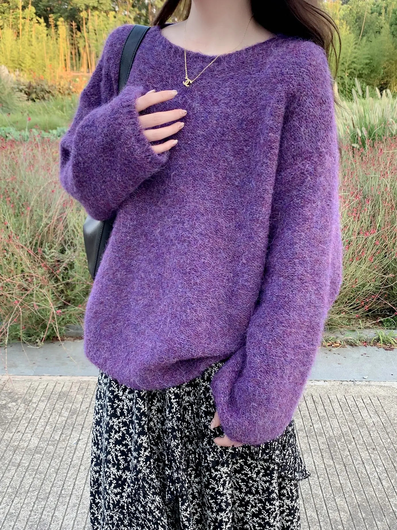 

Мягкий фиолетовый вязаный свитер, женский осенне-зимний корейский свитер Lazy Faion, пальто с мутоном, круглый топ Ne Long Sve Regular Fit