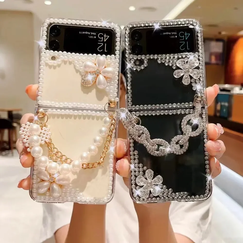 Luxury Bling Rhinestone Crystal Phone Cover, Pearl Flower Crown, Heart Wrist Case Capa for Samsung Z Flip6 2 Z Flip 4 3 5G