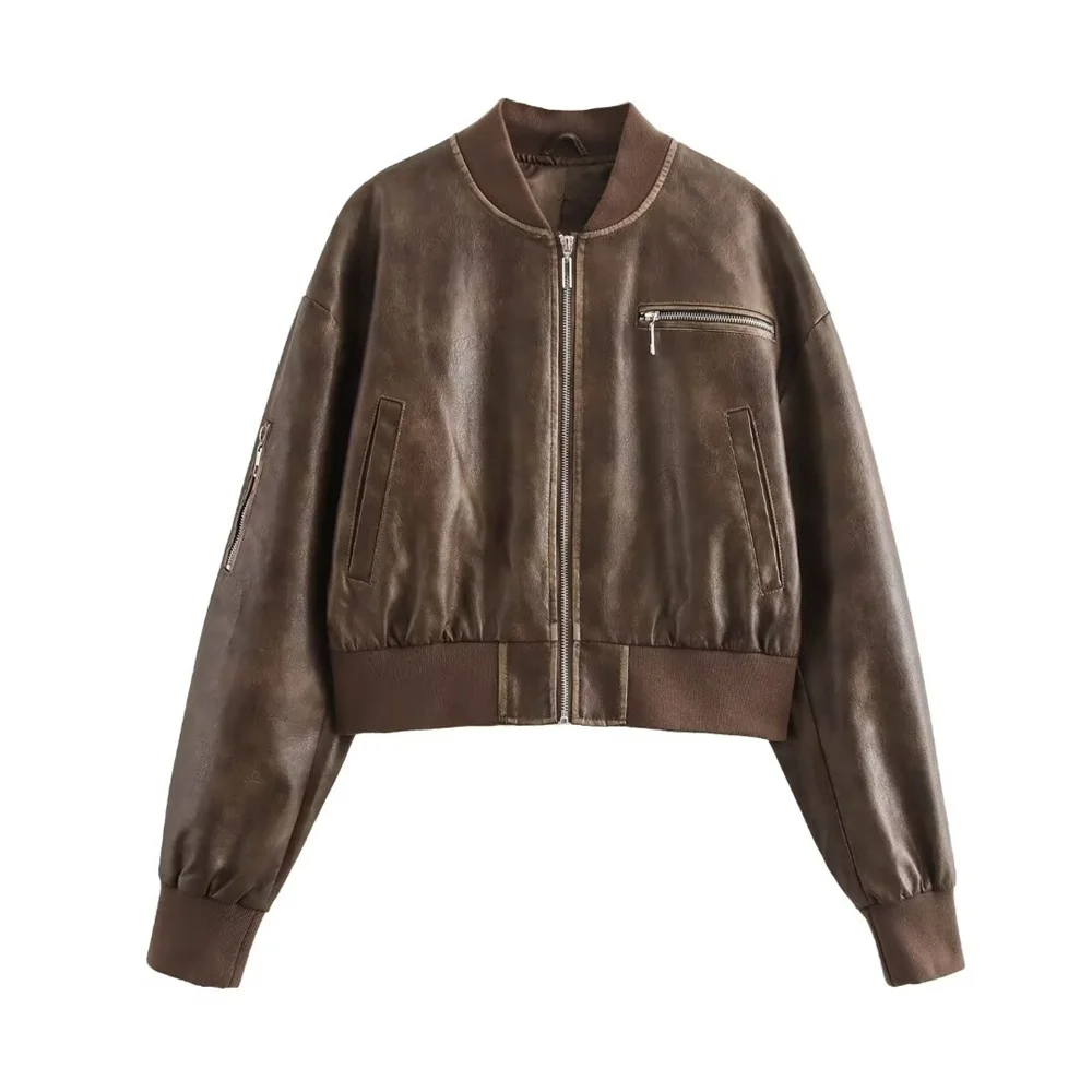 UNIZERA 2024 Autumn New Product Casual Women\'s Fashion Simple Motorcycle Style Versatile Threaded Leather Jacket