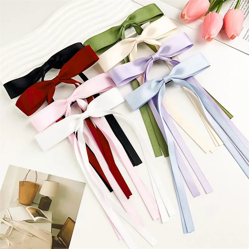 4/6/8 PCS Satin Ribbon Bows Hair Clip for Women Korean Sweat Long Tassel Tails BowKnot Barrettes Set Hairpin Girls Accessories