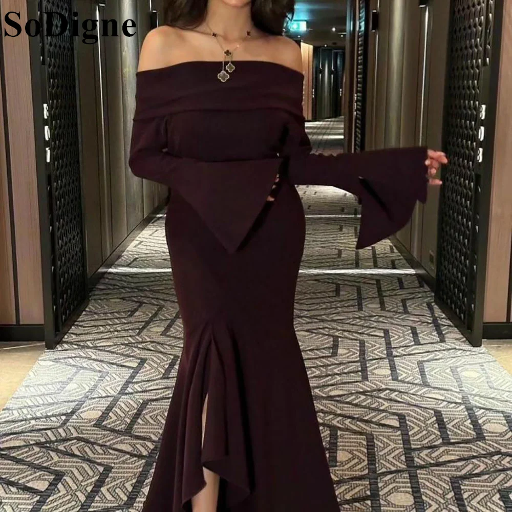 

SoDigne Burgundy Mermaid Evening Dresses Off Shoulder Side Slit Sexy Celebrity Party Prom Gown for Women Homecoming Dresses 2024