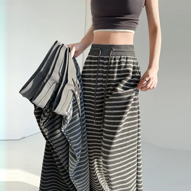 Koreańskie spodnie z szerokimi nogawkami w paski dla kobiet, wiosenne spodnie z dzianiny z wysokim stanem, luźne spodnie do podłogi na co dzień