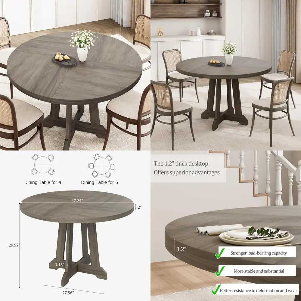 

Круглый деревянный обеденный стол 47 дюймов серого цвета с прочными ножками для кухни или столовой