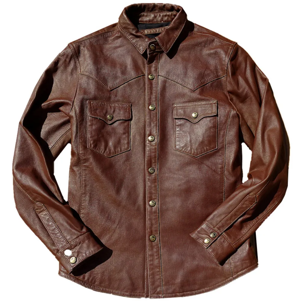 shipping.Brand YR!Free Brown Vintage striped Italy sheepskin shirt.Men soft slim genuine coat.Retro leather jacket.