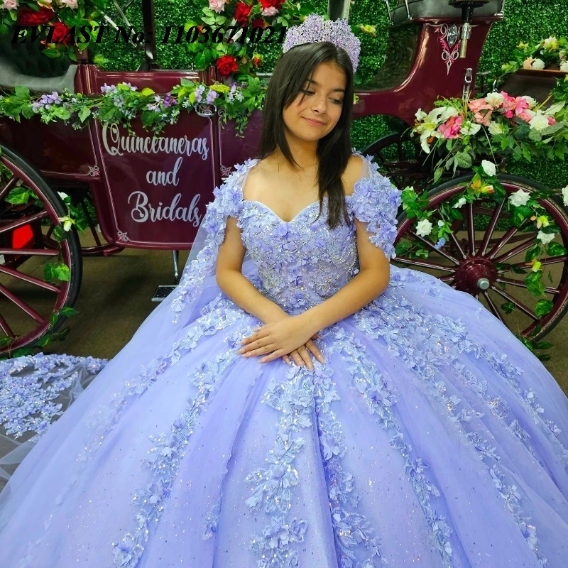 EVLAST индивидуальное лавандовое платье Quinceanera, бальное платье с цветочной аппликацией, накидка из бисера, корсет Sweet 16, Vestidos De 15 Anos SQ545