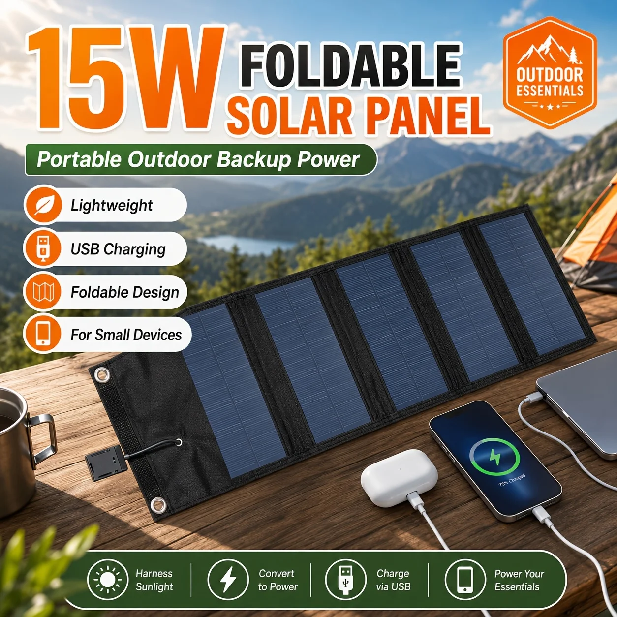 Solar Charger Panel Foldable - 1 15W faltbares, tragbares Solarpanel, monokristallines