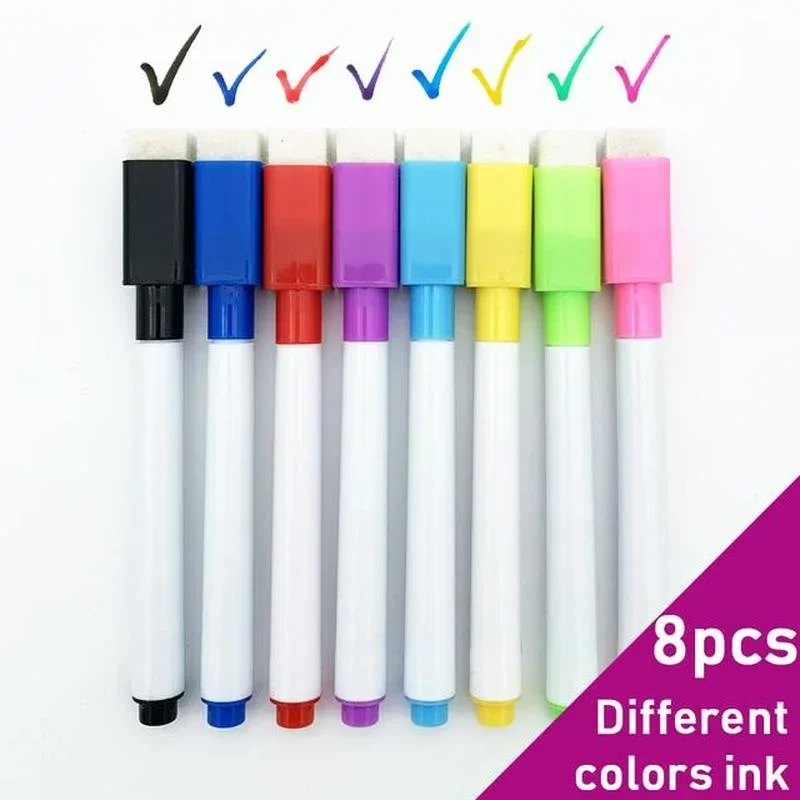 8 Pcs/lot Colorful Black School Classroom Whiteboard Pen Dry White Board Markers Built in Eraser Student Children's Drawing