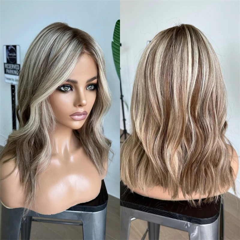 

Balayage Ombre Caramel Blonde with Brown Streaks Synthetic Lace Front Wig Natural Preplucked Hairline Heat Resistant Wave Bob