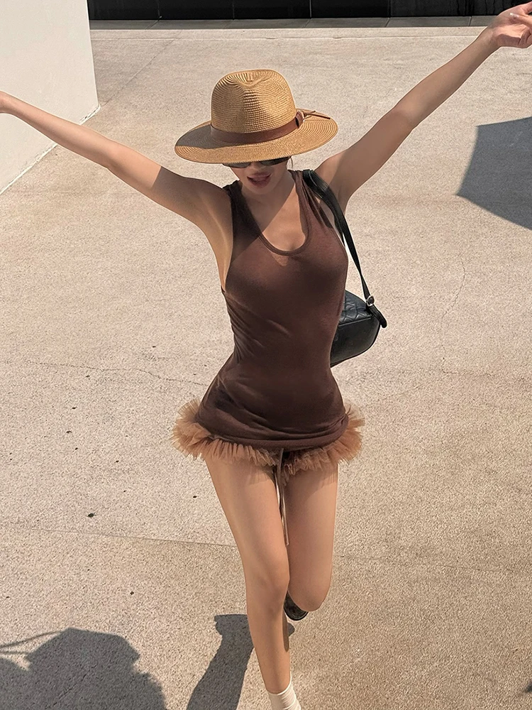 

Weird Puss Elegant 2-Piece Set Women Chic Y2K Low-Neck Sleeveless Skinny Dress+Patchwork Mesh Ruffles Shorts Street Hottie Suit