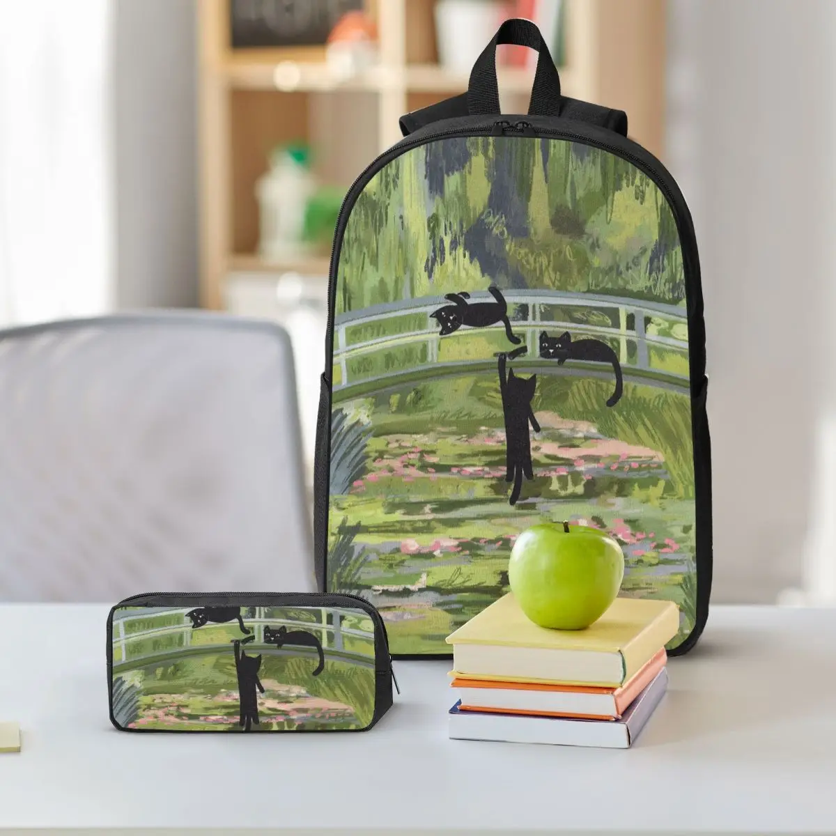 Adorable Kitten Water Lily Pond Bridge Backpack Student BookBag School Bag Shoulder Bags 3ps Insulated Lunch Bag Pencil Case