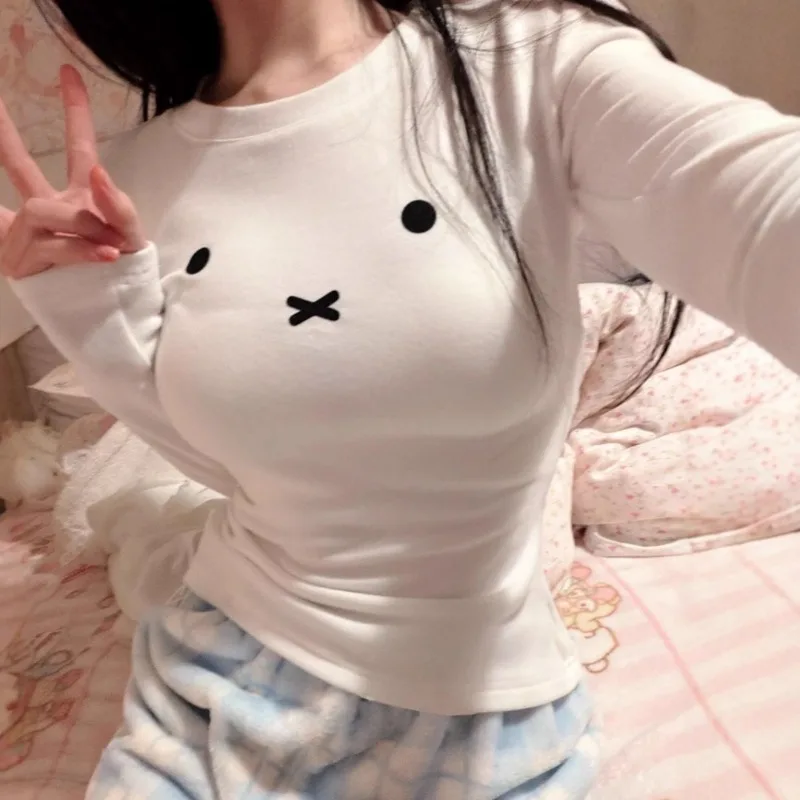 

New Miffy Cartoon Kawaii White Style Tight Front-Placed Printed Short Sleeve Summer Fitted Slimming Top Girl Gift