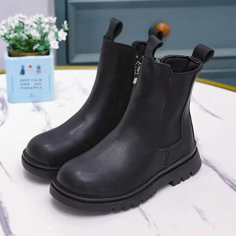 2024 Autumn Kids Chelsea Boots Children\'s Shoes Fashion High Top Girls Boys Waterproof Platform Kids Leather Warm Winter Boots