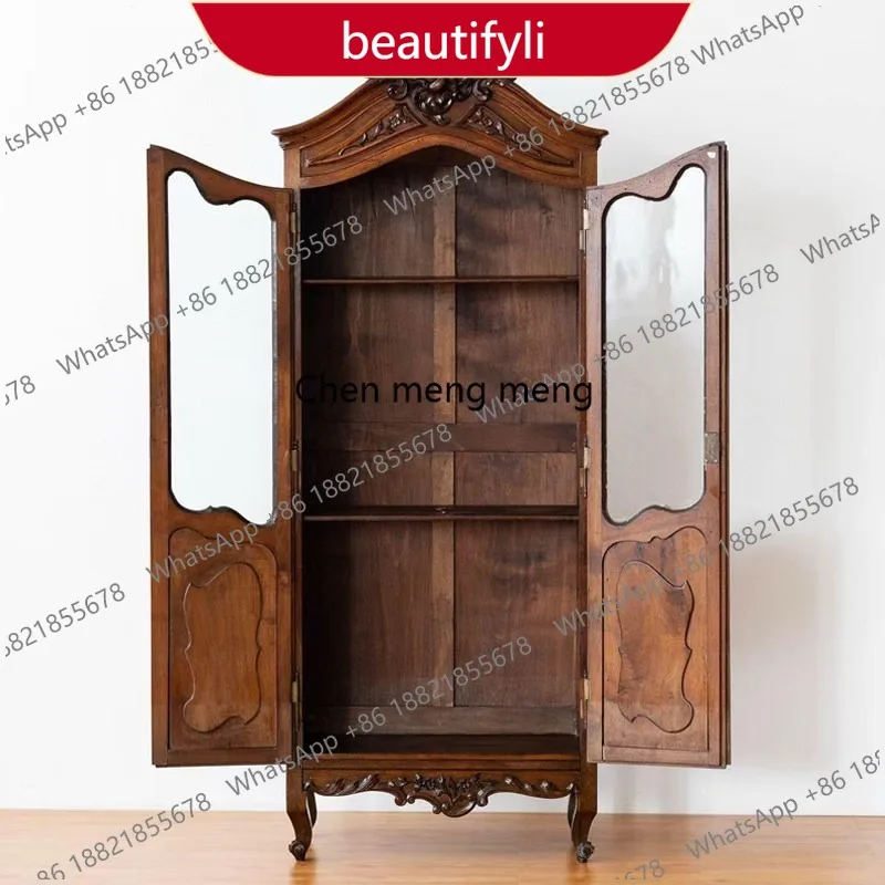 

M02 French retro solid wood carving flower wine cabinet dining side cabinet high-end living room glass display cabinet