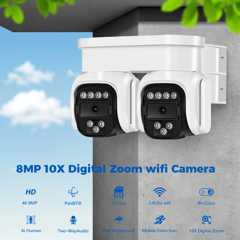 8MP WiFi Camera PTZ Dual Screen AI Auto Tracking Night Vision CCTV Surveillance Camera Outdoor 4MP Security IP Camera icam365