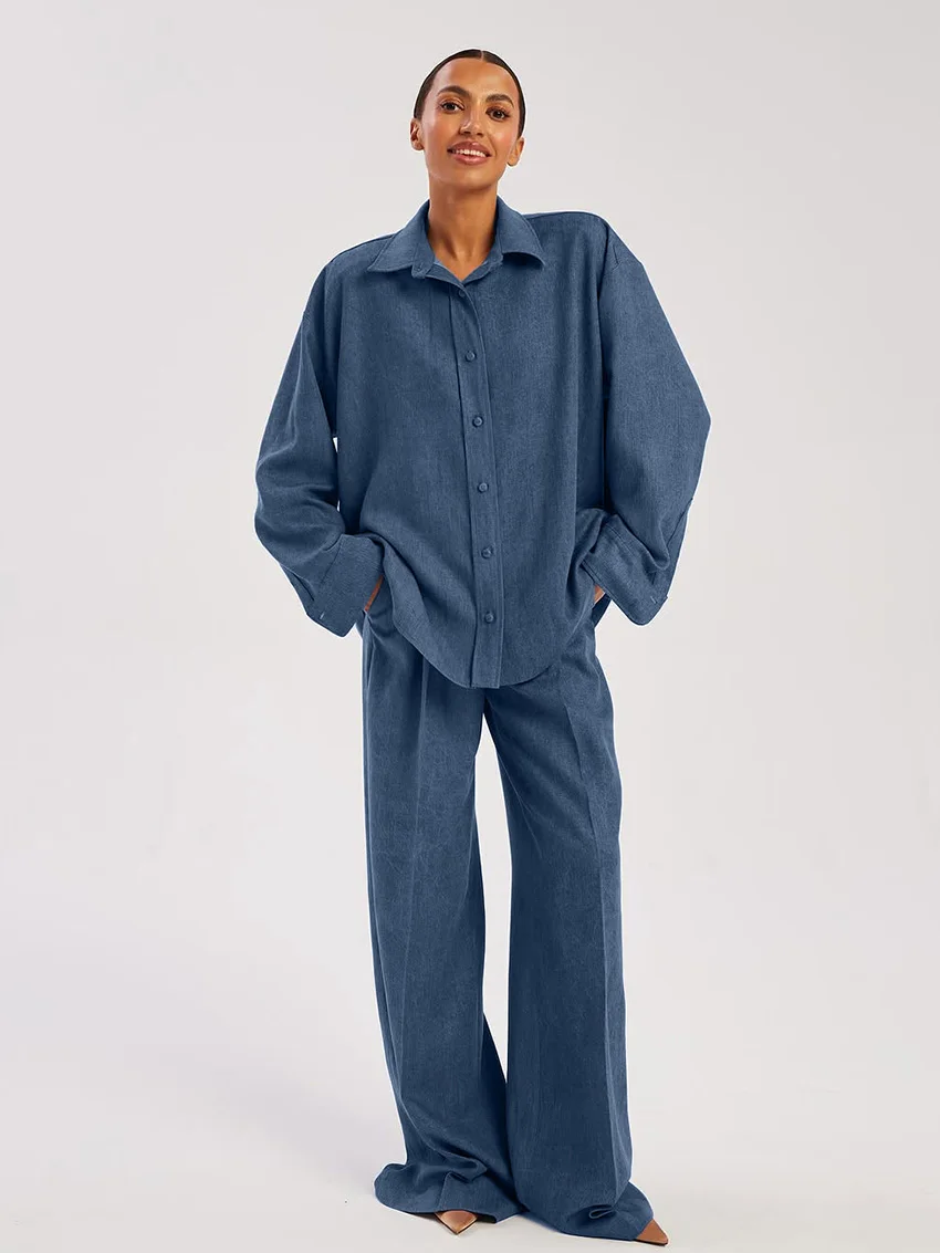 

Marthaqiqi Cowboy Ladies Nightgown Suit Turn-Down Collar Sleepwear Long Sleeve Pajama Pants Fashion Female Nightwear 2 Piece Set