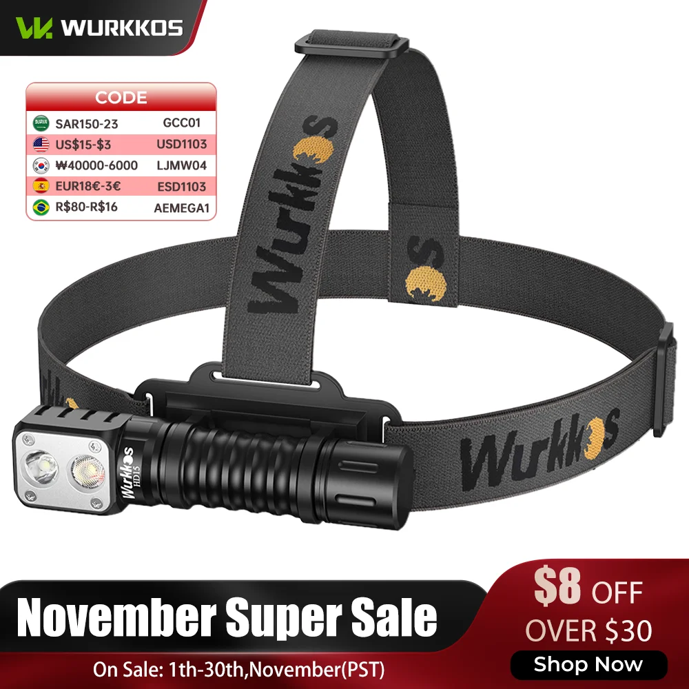 Wurkkos HD15 2000LM Stirnlampe 18650 wiederaufladbare LED-Lampe IP68 leistungsstarke Angeln Wandern Laufen Licht Power Bank magnetische Schwanzkappe