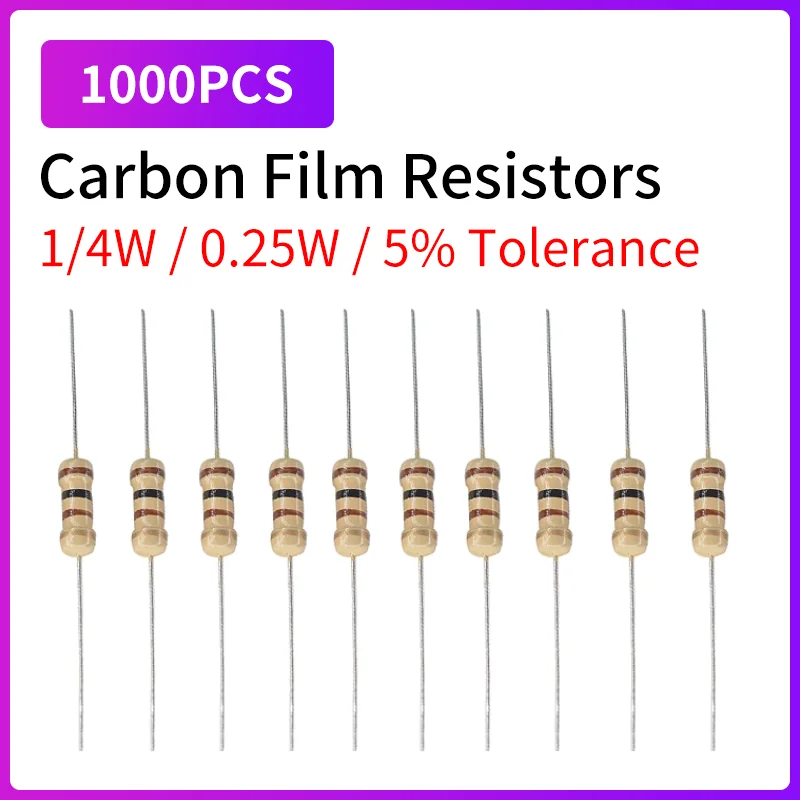 1000PCS Carbon Film Resistors 5% 1/4W 0.25W 1R~1M 0R 10R 100R 220R 330R 1K 2.2K 4.7K 10K 22K 47K 100K 220K 470K Ohm Resistance