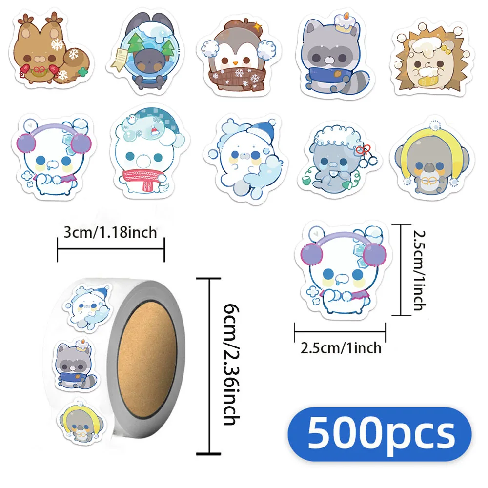 500PCS Winter Small Animal Cartoon Decoration Reward 10 Different 2.5cm/1.0-inch Animal Learning Reward Set Stickers