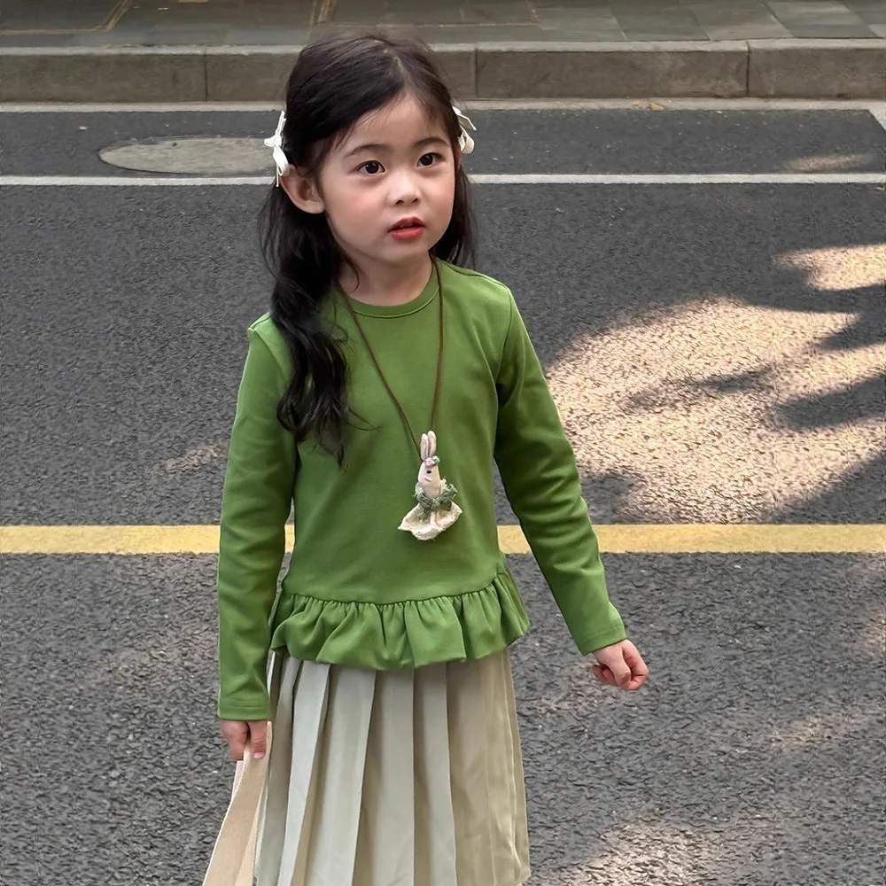 Girls Lotus Leaf Hem Base Shirt 2025 Spring Autumn New Girls Long Sleeve Versatile T-shirts Fashion Children Clothing