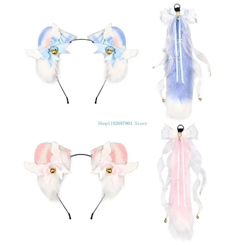 

N7YF Handmade Plush Cats Ears Headbands Fauxs Furs Tail for Halloween Cosplay Party Costumes Accessories for Kids Adult