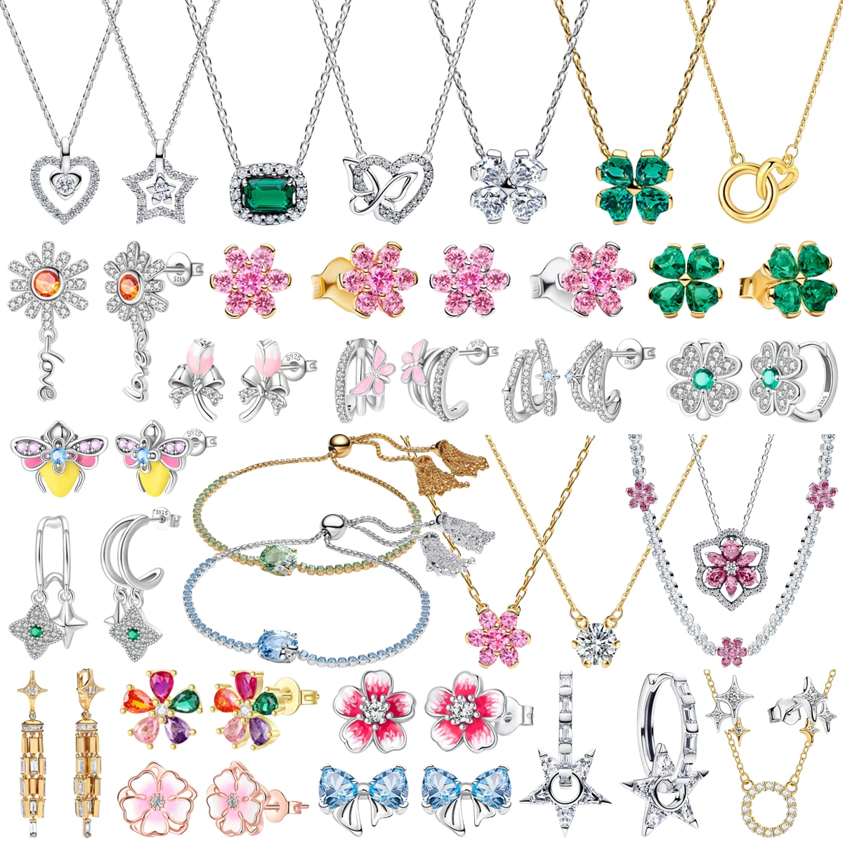New Original 925 Sterling Silver Simple Heart Bow Flower Star Bee Set Earrings Pendant Necklaces Fit Women's Fine Jewelry Gifts