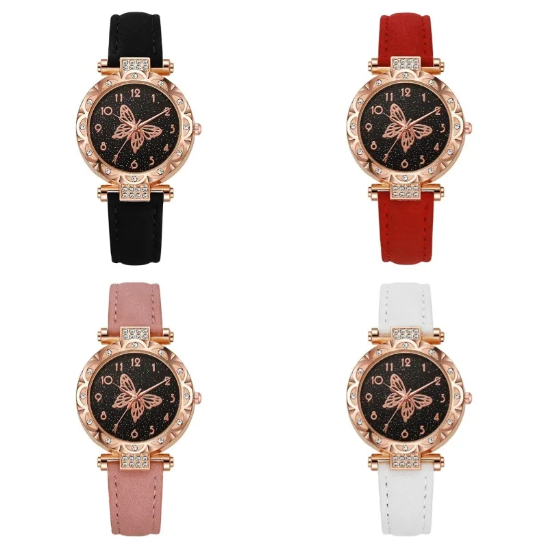 

Новые винтажные кварцевые часы с маленьким круглым циферблатом и стразами-бабочкой для женщин, женские наручные часы с ремешком из искусственной кожи, подарок