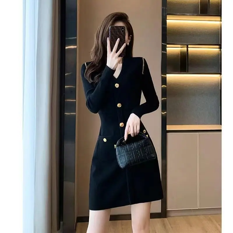 

Aesthetic Elegant France Vintage Dress Women Autumn Winter Button Slim Retro Evening Party Dress Female Korean Style Chic Outfit