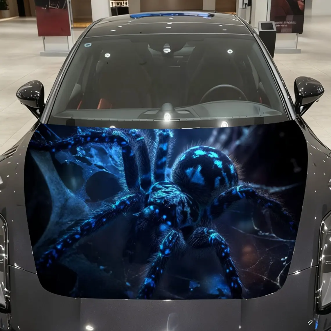 

Gloomy Blue Web Hunter Car Vinyl Wrap, PVC Material Waterproof Car Hood Sticker, Self-Adhesive Scratch-Resistant Stickers for En
