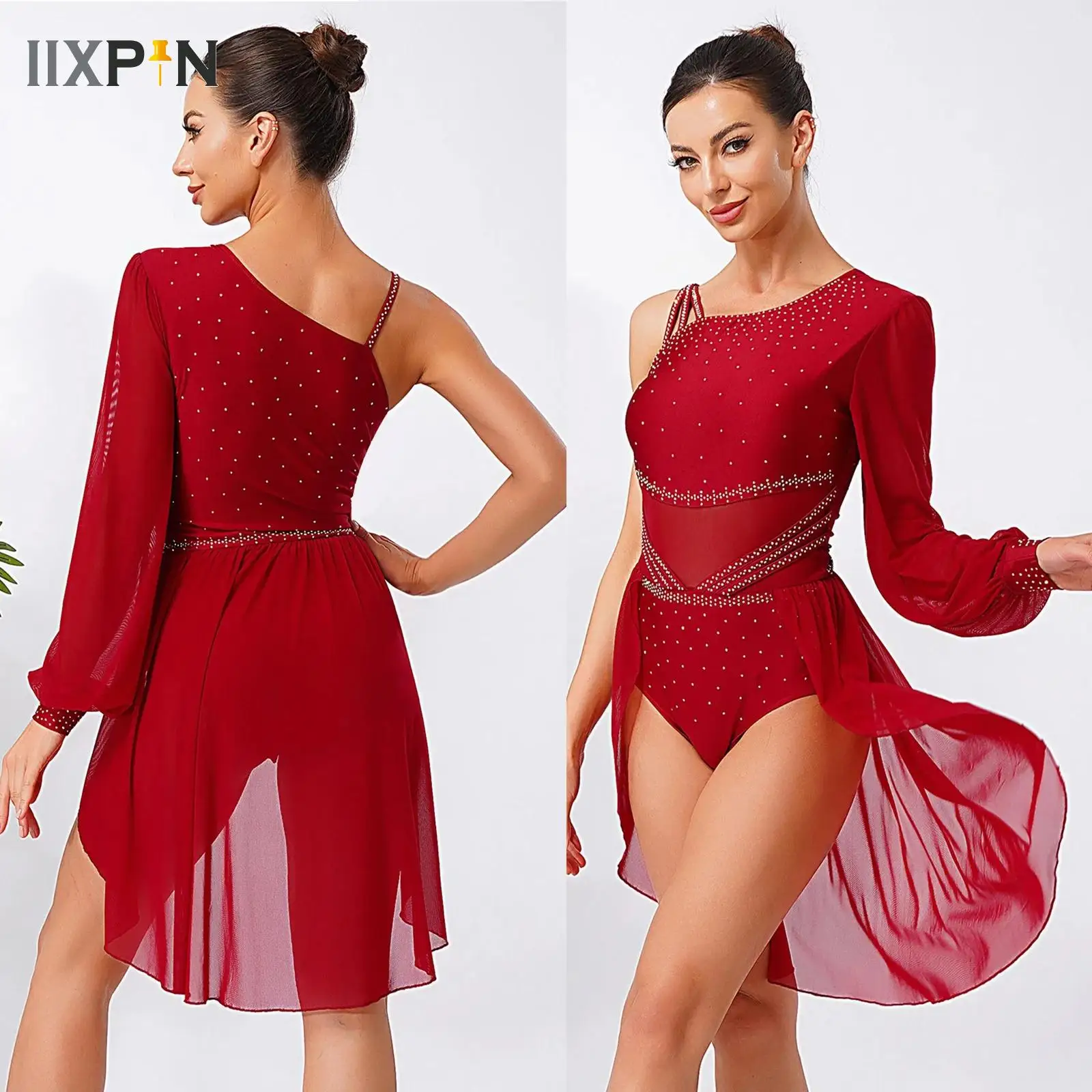 

Women's Figure Skating Costume Sheer Mesh Single Long Sleeves Asymmetrical Tulle Dress Lyrical Ballet Dance Skirted Leotard