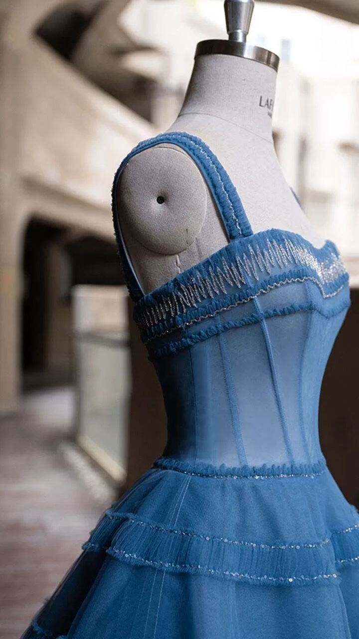 Blue Prom Dresses Beaded Spaghetti Strap A Line See Through Ruffled Vestidos De Formature