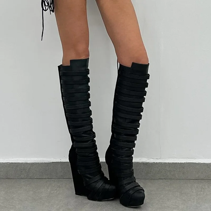 

Patchwork Wedges Over The Knee Boots Sexy Pointed Toe One Word Belt Zipper Leather New Arrivals Fashion Women Modern Boots