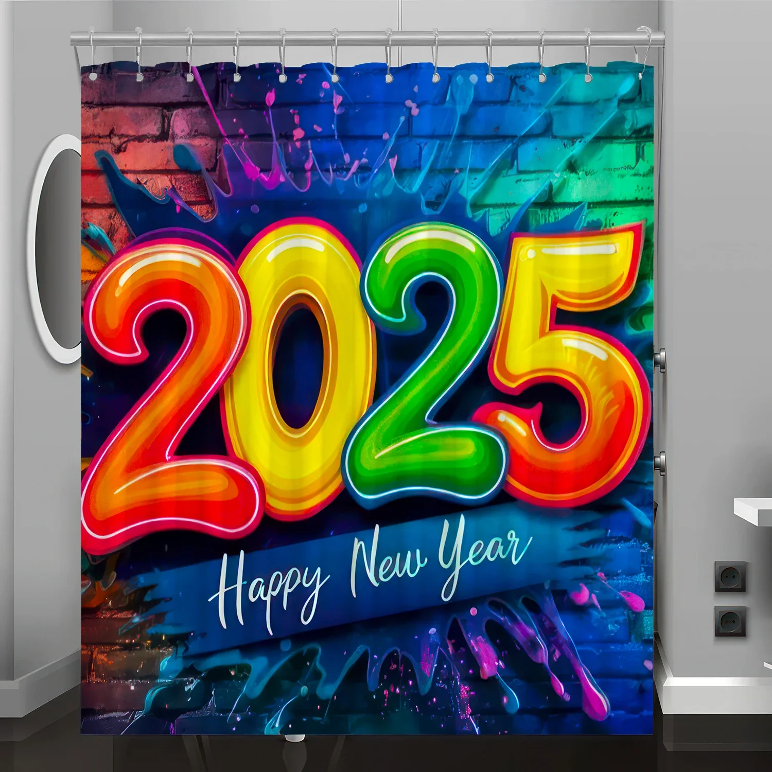 Happy New Year 2025 Graphic Digital Print Shower Curtain