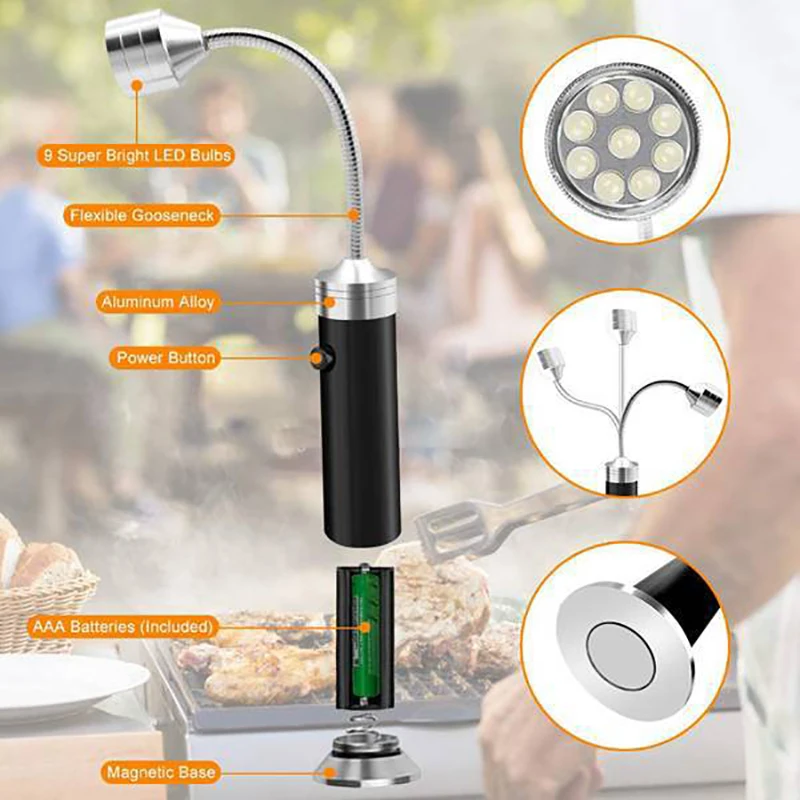 

2 шт. 360 ° Регулируемый супер-яркий светильник для гриля для барбекю, мягкая трубка, освещение, лампа 9, светодиодный фонарик, магнитное основание, наружное освещение