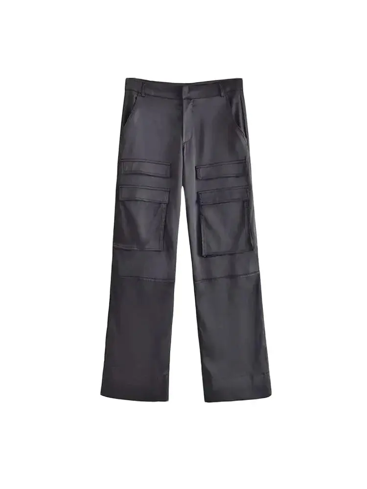TRZA Women Fashion With Pockets Satin Cargo Pants Vintage High Waist Zipper Fly Female Trousers Mujer image 4