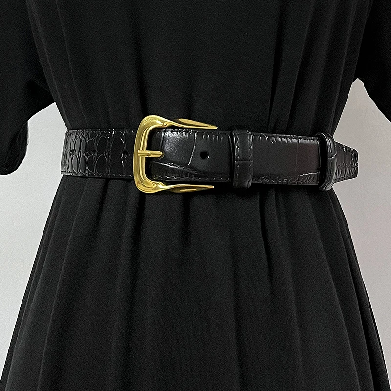 Cowhide Gold-Plated Buckle Belt Original Retro Classic Embossed Ladies Crocodile Belt Versatile Genuine Leather Trend 2.8cm Widt